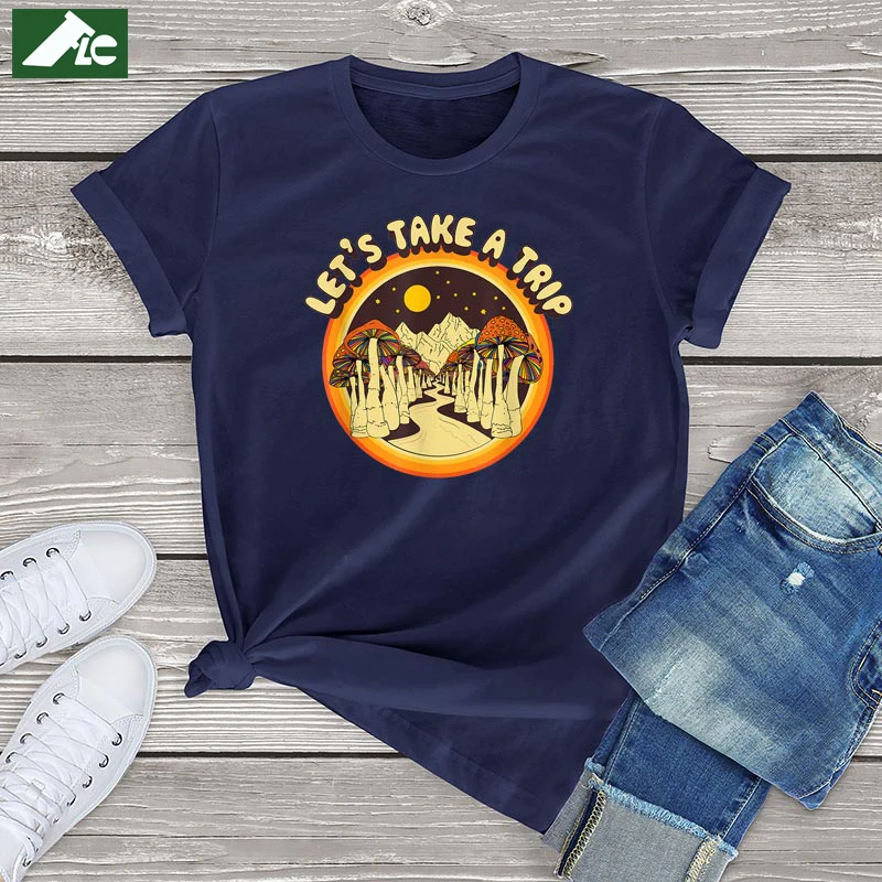 

Funny Lets' Take A Trip Graphic Short Sleeve Tee Tops Cotton Magic Mushroom T-Shirt Women Clothing Unisex Harajuku Women Shirts