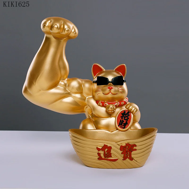

Modern Golden Lucky Cat Storage Box Cartoon Animal Sculpture Statuette Giant Arm Vigorously Muscle Cat Birthday Gift Home Decor