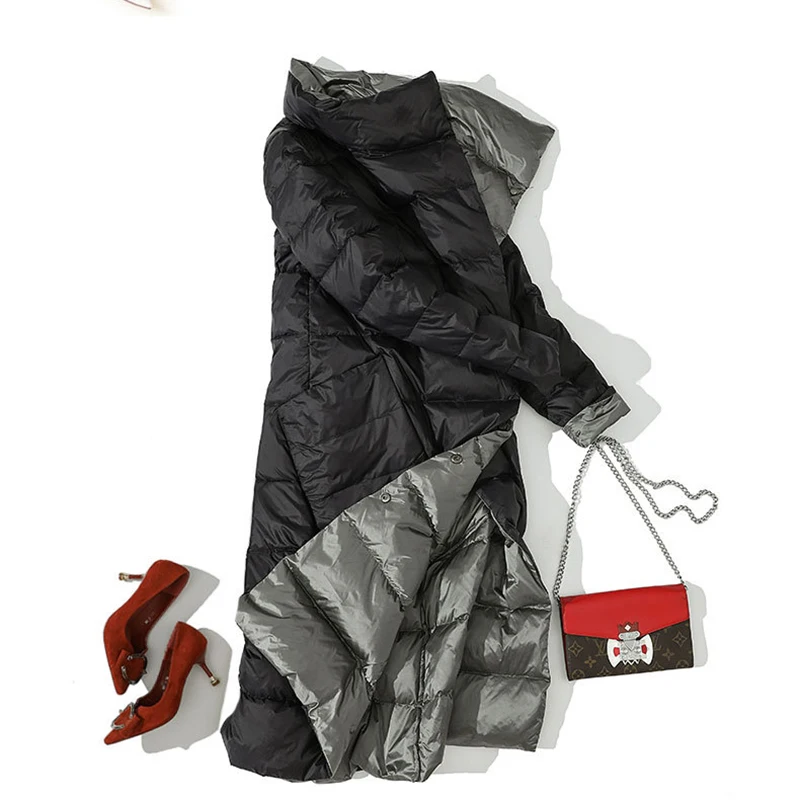 Пуховик женский зимний на белом утином пуху средней длины с воротником-стойкой