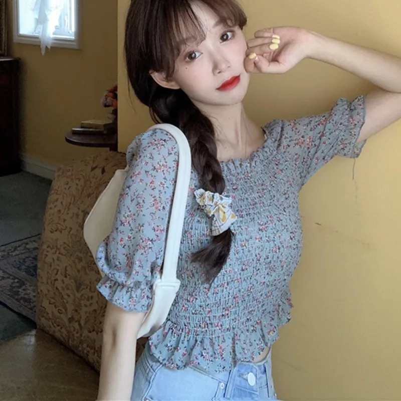 

Women's Blouse Summer Floral Print Square Collar Sweet Tops Girls Short Sleeve Chiffon Fashion Blouse