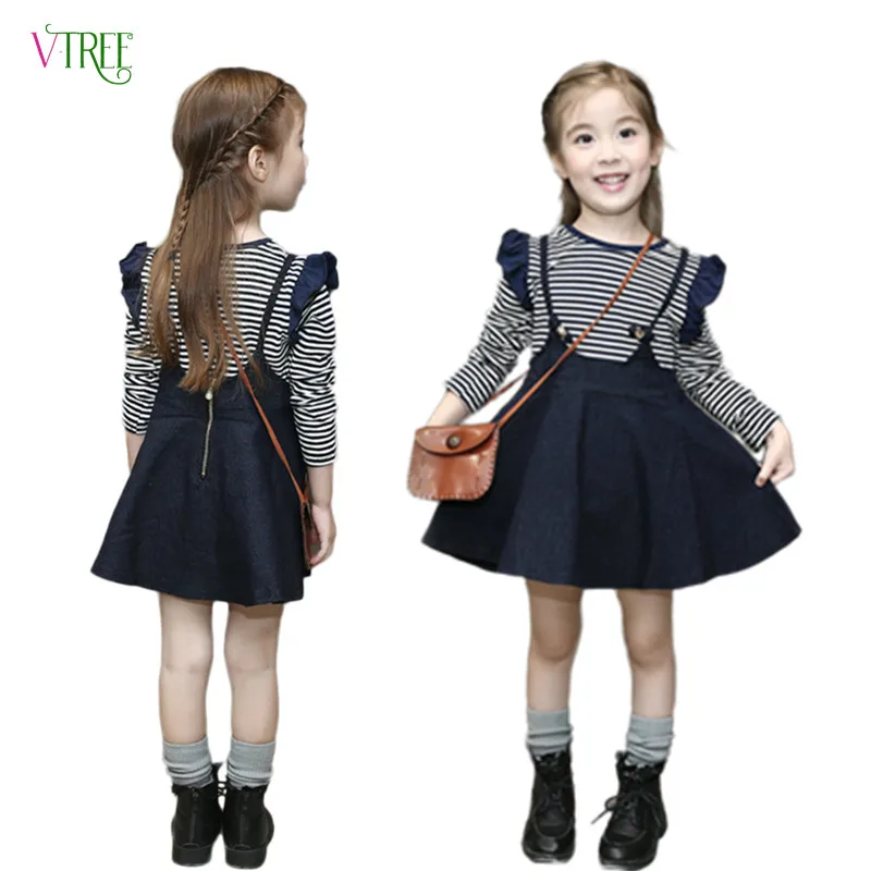 

Комплект одежды для девочек в морском стиле осень джинсовое платье и футболка школьная форма детская одежда