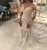 vintage mermaid long sleeves wedding dresses plus size african lace appliqued beaded sweep train bridal gowns vestido de novia