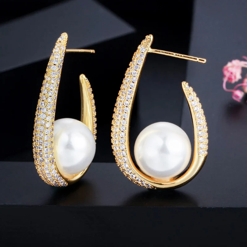 Pera Elegant Brilliant Women Big Round Pearl Cubic Zirconia Yellow Gold Circle Long Drop Earrings for Party Jewelry Gift E393 | Украшения и