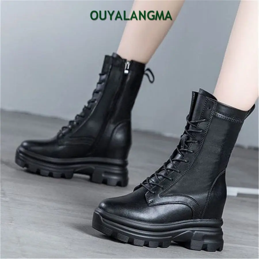 Punk Goth Military Riding Boots Women's Cow Leather Round Toe Platform Wedge Ankle Boots Chunky Heel Oxfords 34 35 36 37 38 39