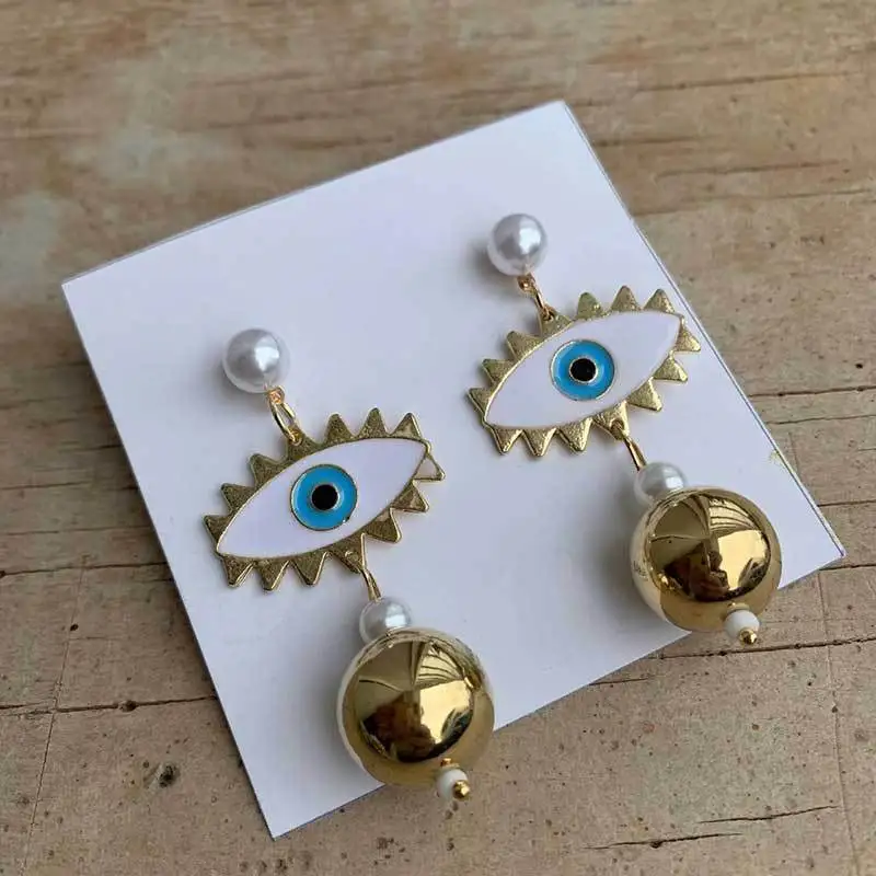 

2020 Street Style Eye Earring Accessories Fashion Gold Color Geometric Loop Pearl Enamel Evil Eye Statement Earrings For Women