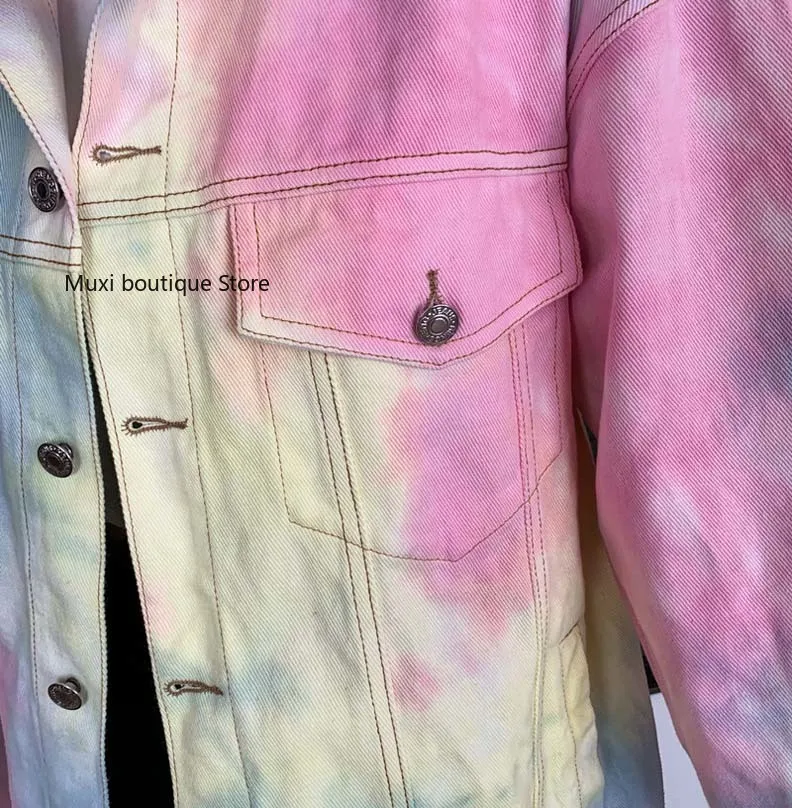 

Muxi women's denim jacket dyed pink gradient denim jacket long sleeves loose-fitting cotton wash Korean women's jeans jacket