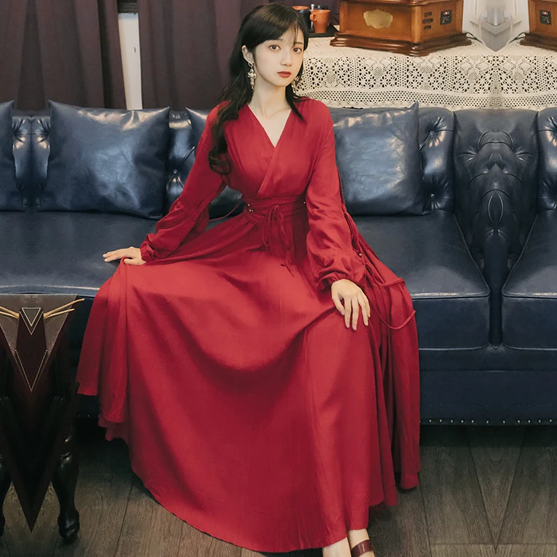 YOSIMI Maxi Chiffon Red Long Women Dress Bohemian V-neck Lantern Sleeve Full Sleeve Ankle-lenght Female Dress with Sashes