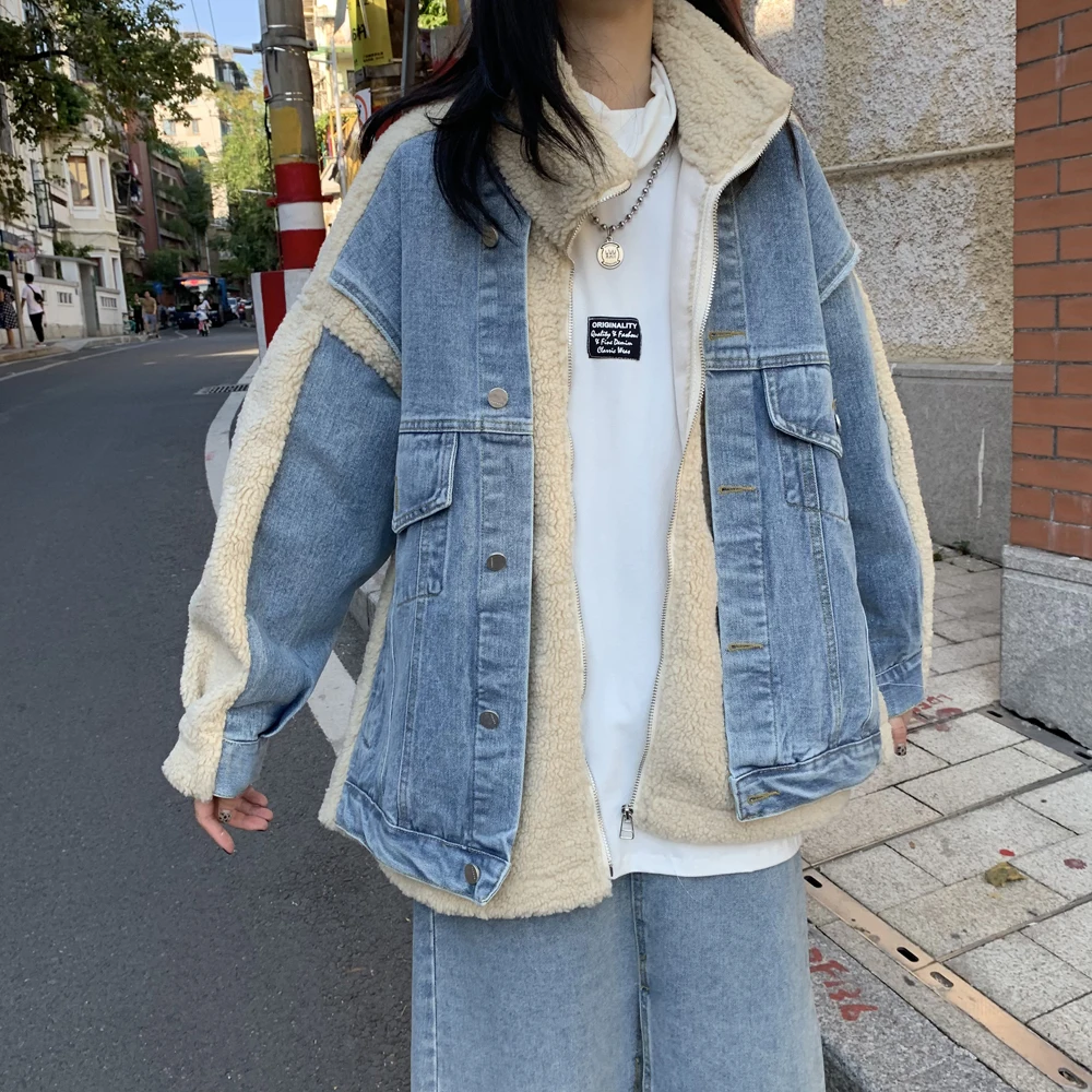 

jackets for women 2021winter jacket composite lamb craftsmanship stitching denim fake two thick warm coats jean Vintage clothing