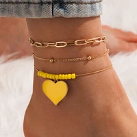 hi man 3 pcsset yellow acrylic handmade beaded heart anklet women sweet romantic beach photography souvenir jewelry