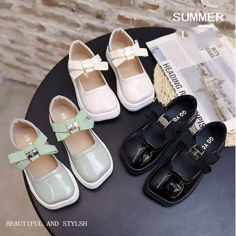 

Kids PU Leather Dress Shoes Platform Bow-tie Princess Girls Party Wedding Dance Single Shoes Bright Black Students Flat Moccasin