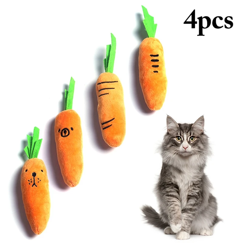 

4PCS Plush Squeaky Carrot Cat Toy Pet Chew Training Toy Cute Plush Cartoon Fruit Shaped Plaything for Pet Kitten Supplies