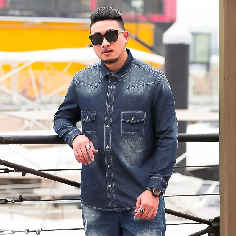 N128 dark blue Большие размеры 8XL 6XL 5XL новые весенне-осенние повседневные джинсовые рубашки мужские свободные подходят брендовая одежда большие размеры однотонная хлопковая рубашка - Цвет: N128 dark blue