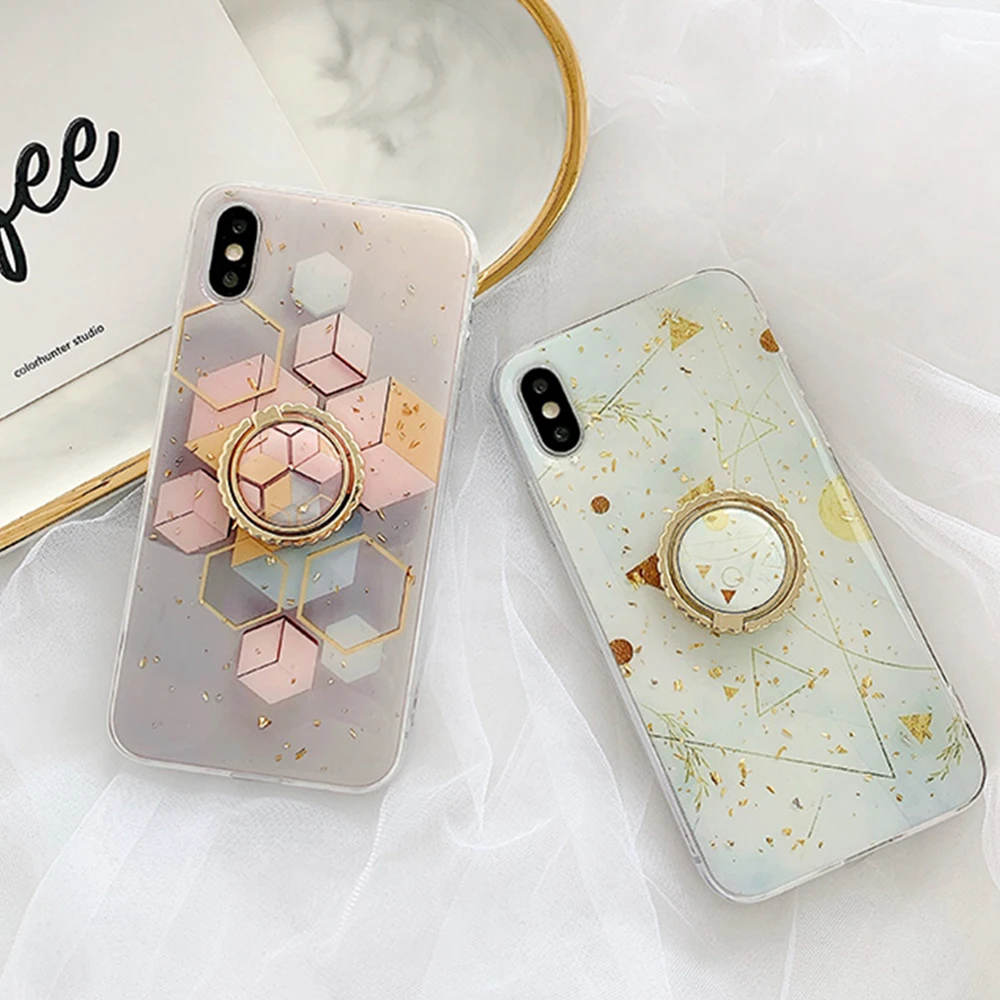 Золотая фольга геометрический чехол с держателем для iPhone 11 Pro мягкий эпоксидный