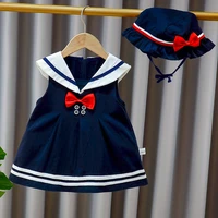 baby girl dress suit children summer clothes set kids navy collar dresshat 2 pieces toddler super cute costumes 0 1 2 3 4 year