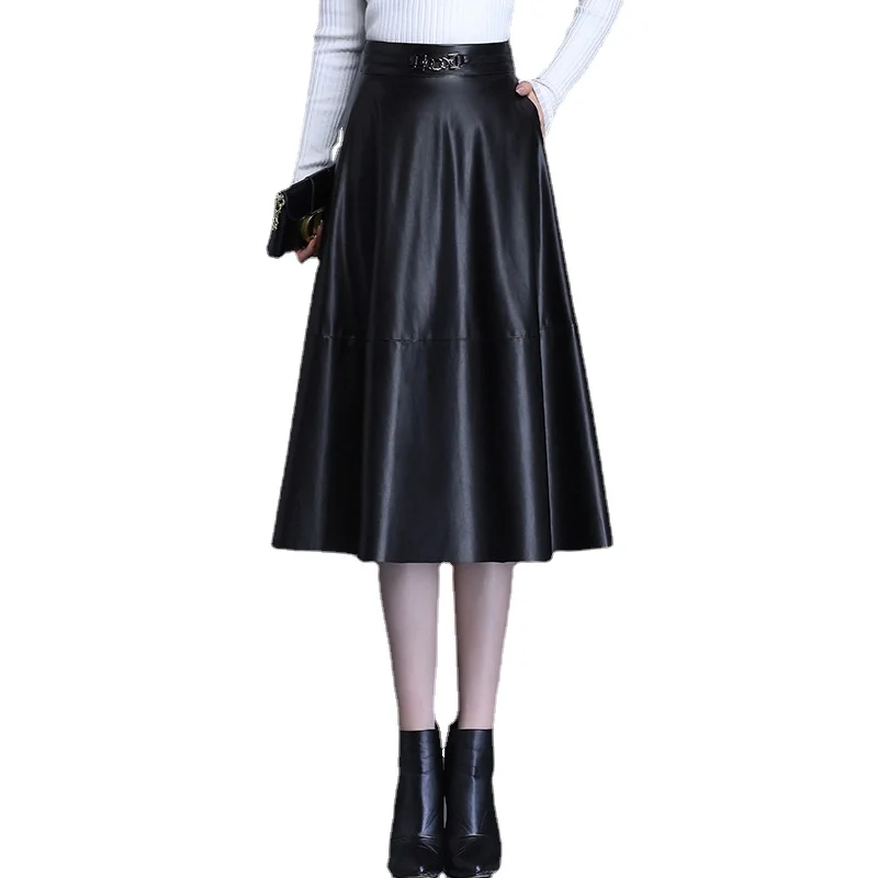

Осенне-зимняя черная юбка А-силуэта из искусственной кожи с высокой талией для женщин, элегантные шикарные Свободные повседневные юбки сре...
