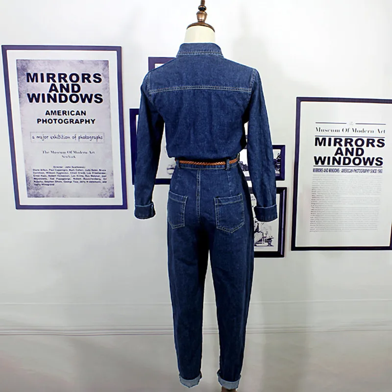 Женский джинсовый комбинезон с поясом повседневный Осенний длинным рукавом и