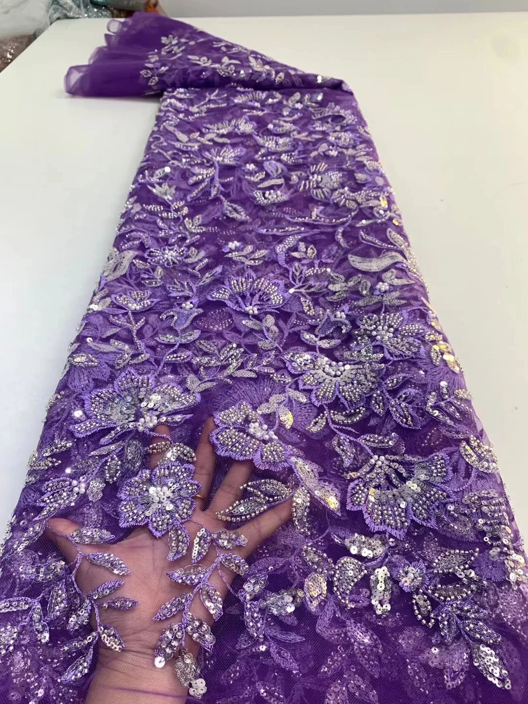 

African Sequins Lace Fabric 2022 High Quality Embroidery Beaded Tulle Lace With Pearls For Bridal chy011