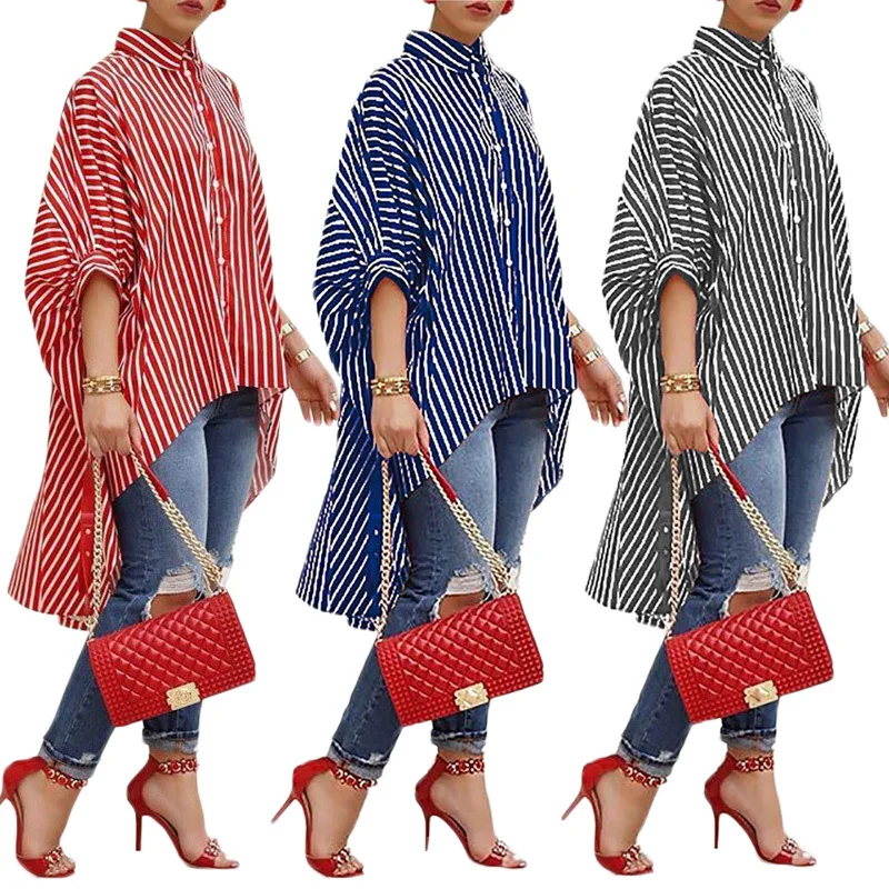 

Women Striped Shirt Casual Blouse Loose Long Sleeve Shirt Lantern Sleeve Shirts Women's Girl O-Neck Batwing Sleeve Dress