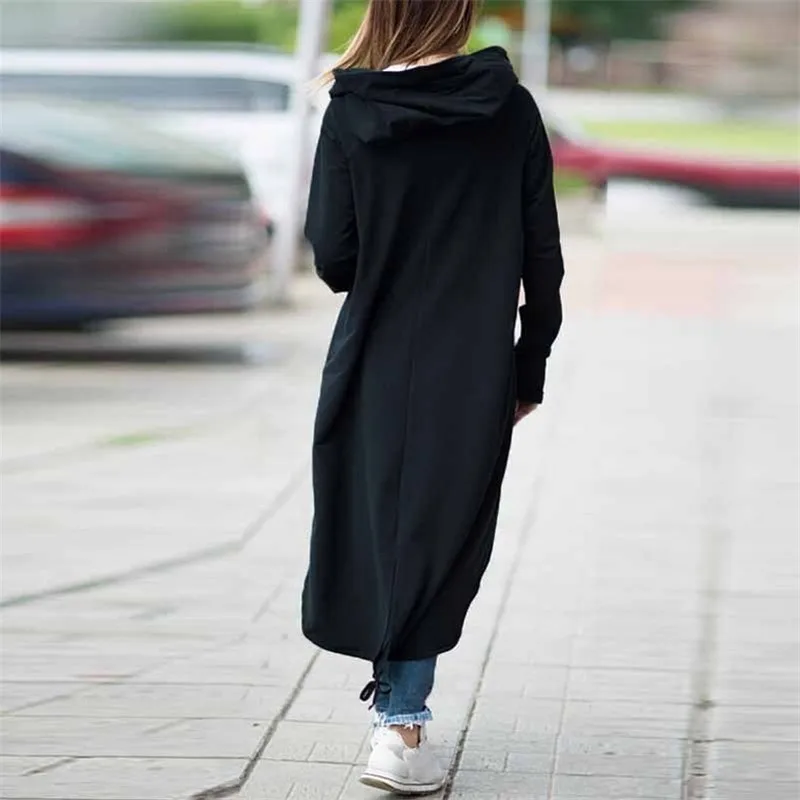 

2021 Autumn Winter Women Trench Fashion Hooded Zipper Long Trench Fleece Women Causal Solid Irregular Pocket Long Trench