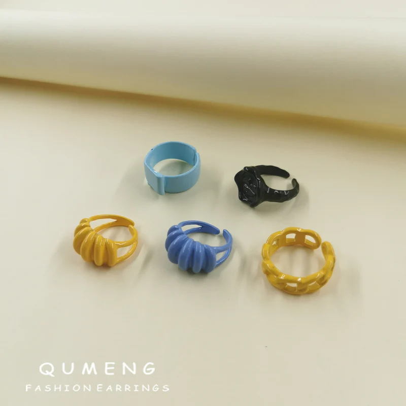 

QUMENG 2021 New Trendy Painted Dripping Oi Candy Color Irregular Geometric Alloy Open Rings Unique Girl High Quality Jewelry