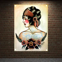 old school flapper tattoo art print posters banners wall chart senior art waterproof cloth tapestry flag home decor upholstery