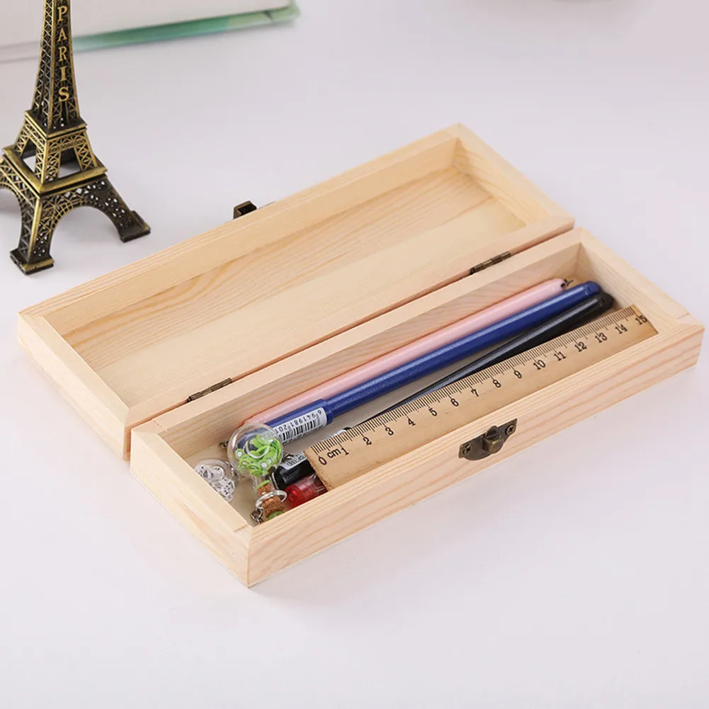 

Rectangle Natural Pine Wooden Jewelry Gift Box DIY Craft Decor Wooden Boxes With Hinged Lid Pencil Box Office Supplies