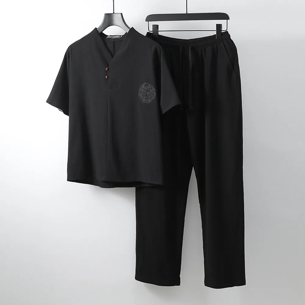 

Мужской спортивный костюм из двух предметов, льняная футболка в китайском стиле, большие размеры 8XL 9XL, лето 2021