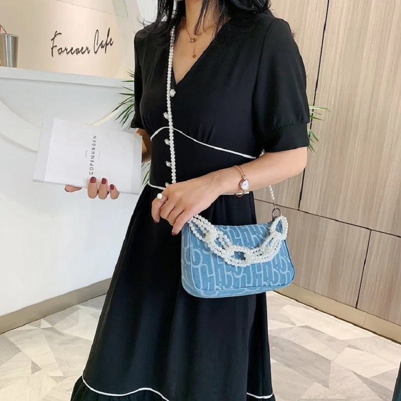 Новинка лета 2020 женская джинсовая сумка через плечо с жемчужной цепочкой для