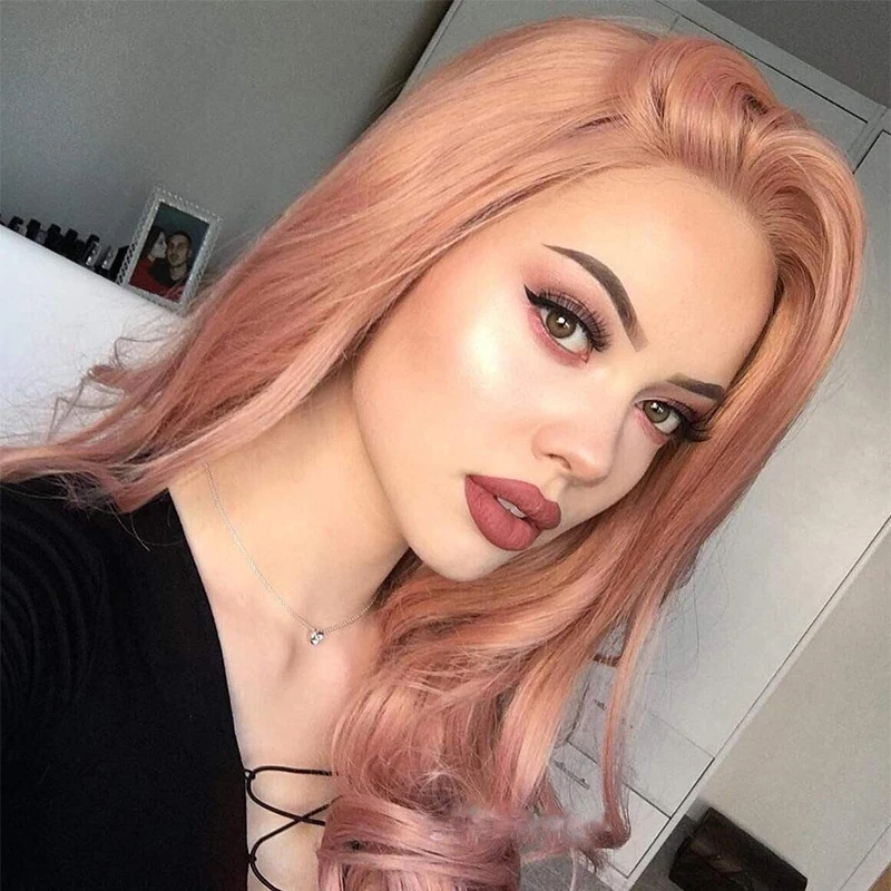 

Pink Colored Body Wave Synthetic Lace Front Wig Glueless Pre Plucked Lolita Frontal Cosplay Curly Transparen Wigs Hair For Women