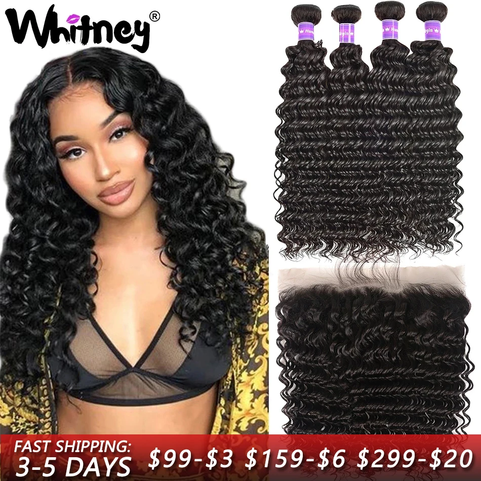 

Whitney Malaysian Deep Wave Bundles With Frontal Lace Closure With Bundles 100% Human Virgin Hair 2/3/4 Bundles For Black Women