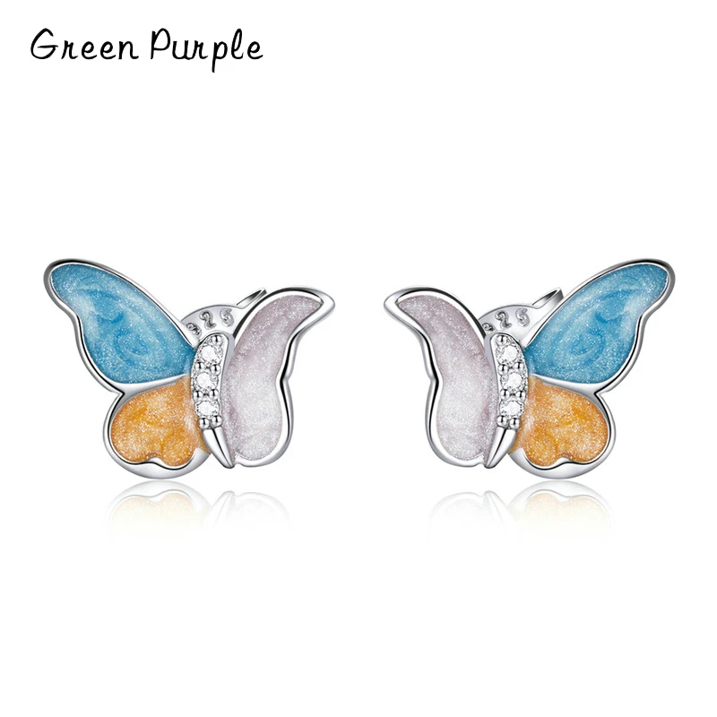 

Butterly Silver Stud Earrings Three Color enamel 925 Sterling Silver Cubic Zirconia Earring Gift for Girl Statement Jewelry