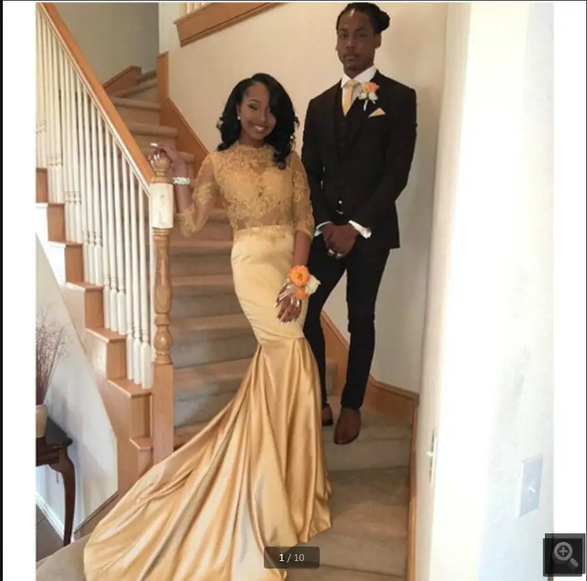 

Vestido De Festa gold satin mermaid prom dresses beaded lace appliques high neckline with long sleeve modest evening gowns