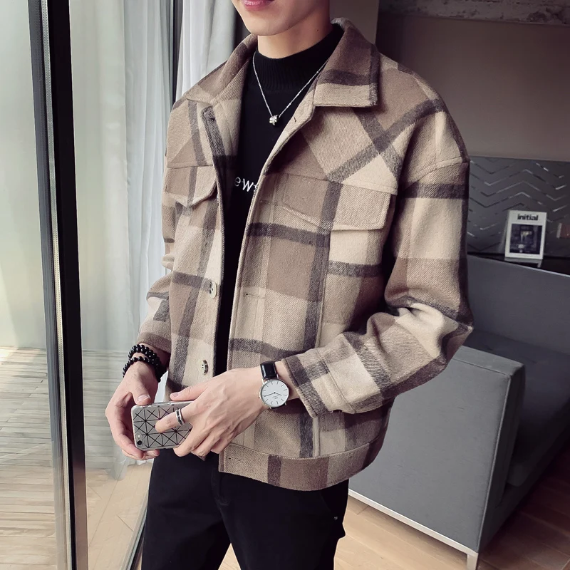 2019 осенне-зимнее Новое мужское модное короткое клетчатое шерстяное пальто с