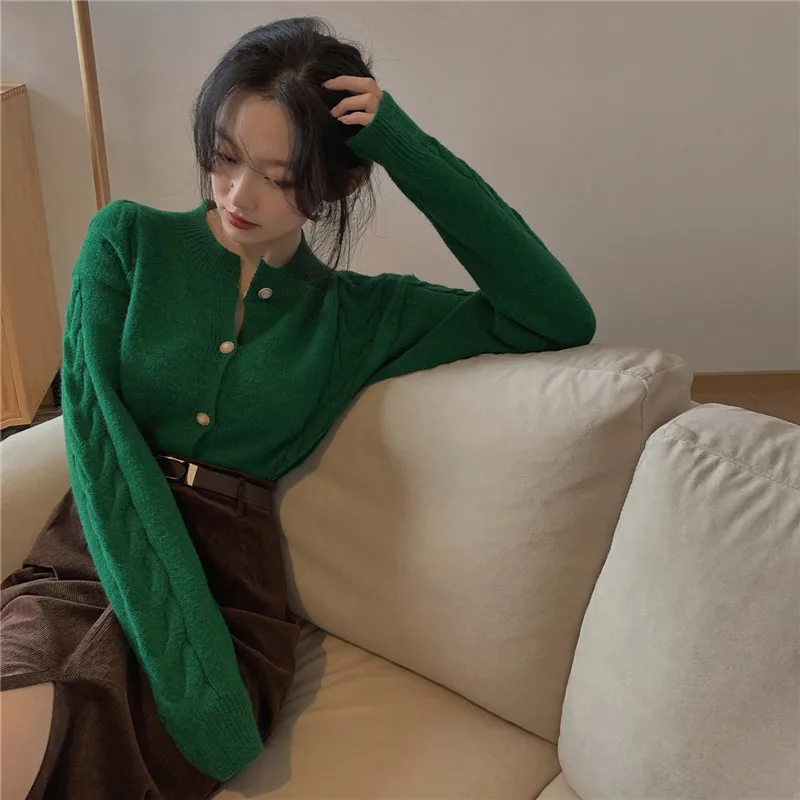 

Осенне-зимний Новый Повседневный Укороченный кардиган с круглым вырезом, Свободный вязаный свитер с длинным рукавом, женская одежда, корей...