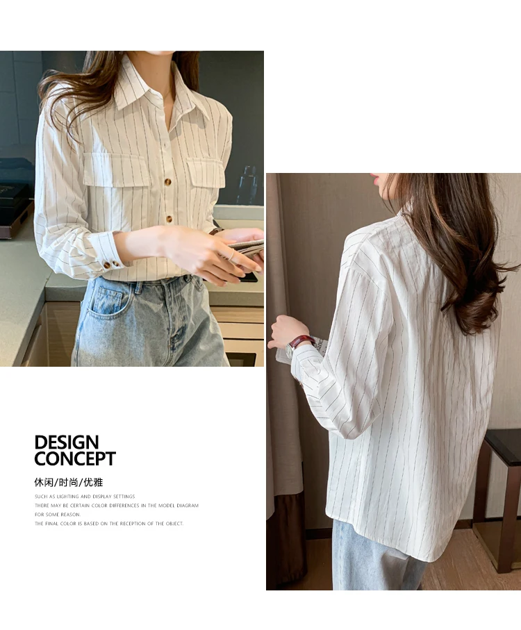 

New Long-sleeved Blouse Lapel Chiffon High-end Top Fashion Blouses Comfortable Casual Summer Stripe Shirt Houthion