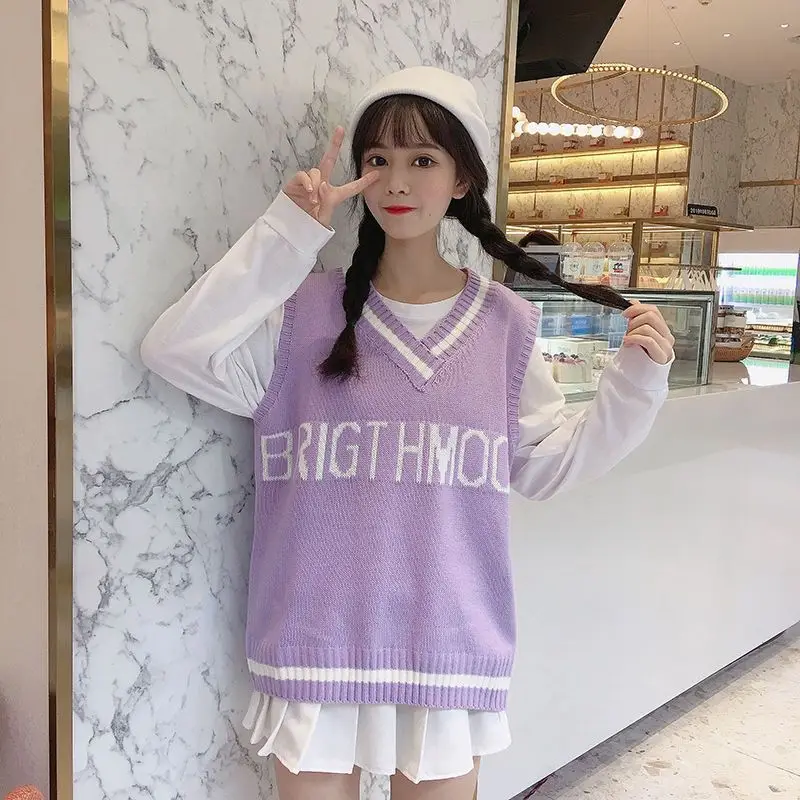 Women Sleeveless Pullover Jumper 2020 Autumn Korean Style Cute Letter Moon Embroidery V Neck Knitted Sweater Vest Waistcoat T399 | Женская