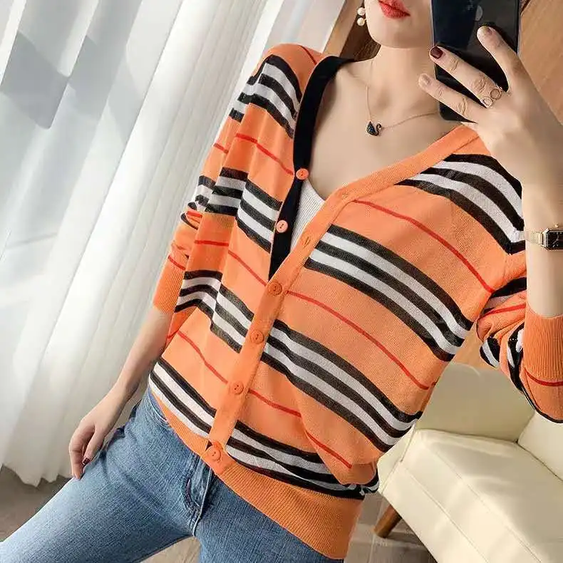 

2021 New Spring/Summer Ultra Thin Women's Loose V-Collar Cardigan Jacket Knitted Sweater Short Jacket