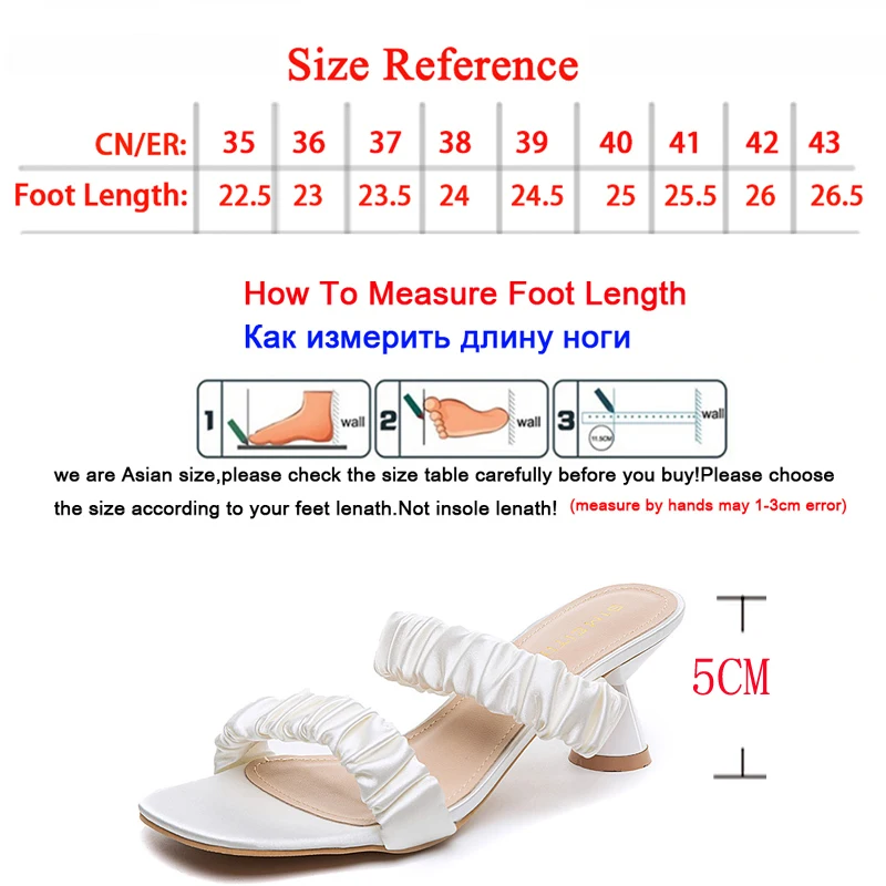 

Fashion Slippers Women Pleated Mid Heel Shoes Square Toe Block Heels Slides Female Summer Sandals Ladies White Large Size 35-43