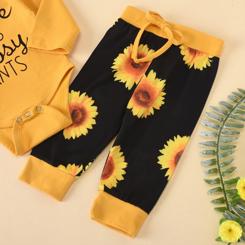 

3PCS Newborn Kids Baby Girls Clothes Suits Infant Sun Flower Letter T Shirt Top Pants Headwear Outfit Set Casual Infant Clothing