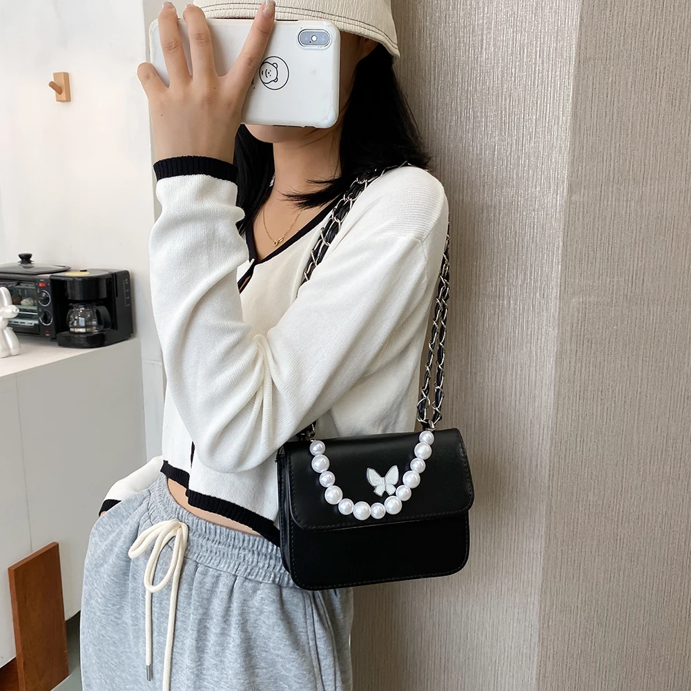 Модные однотонные сумки на плечо женские сумки-мессенджеры с жемчугом и бабочкой