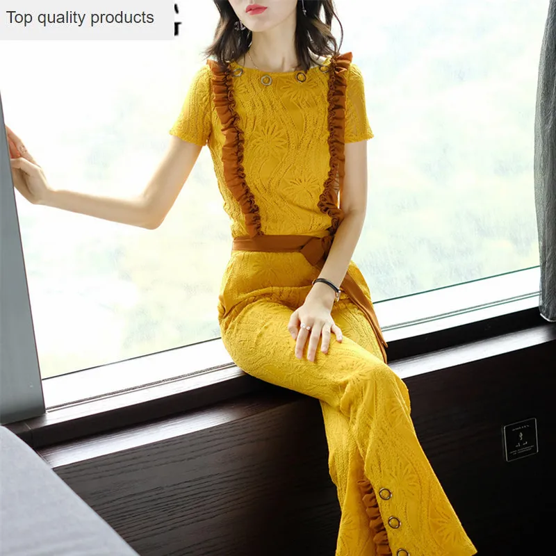 2020 Новый Модный комплект из двух предметов летний желтый кружевной топ и штаны