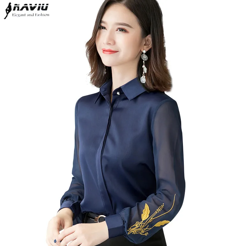 Professional Satin Shirt Women Camisas New Autumn Fashion Embroidered Long Sleeve Slim Blouses Office Ladies Work Tops