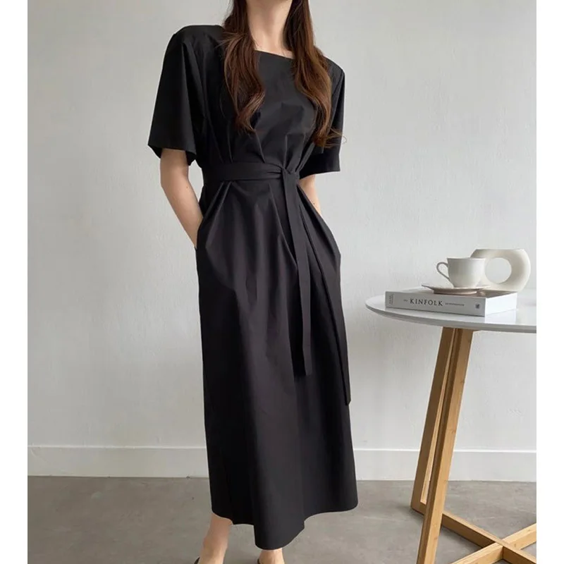 

Office Ladies Chic Casual Square Collar Mid-Length Women Dress Short Sleeve Loose Lace-Up Female Dress 2021 Summer Solid Vestido