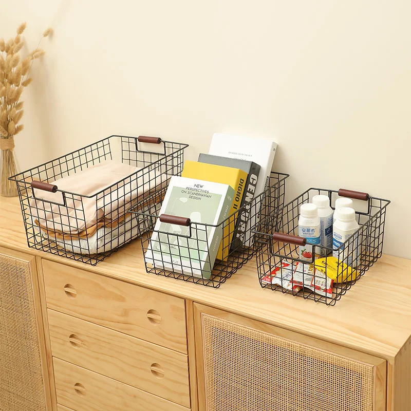 Japanese Wrought Iron Storage Basket Household Simple Bathroom  Snacks Desktop Organizer Books Holder Kitchen Sundries Container