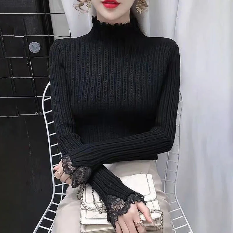 Half high neck sweater Korean soft Pullover long sleeve bottoming shirt autumn 2021 new female winter lace sweater