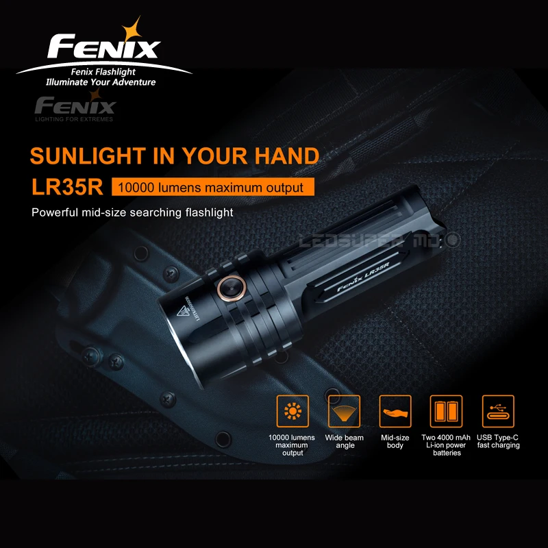 10000 Lumens Fenix LR35R Super Bright Searching Flashlight with Two 4000 mAh Li-ion Batteries