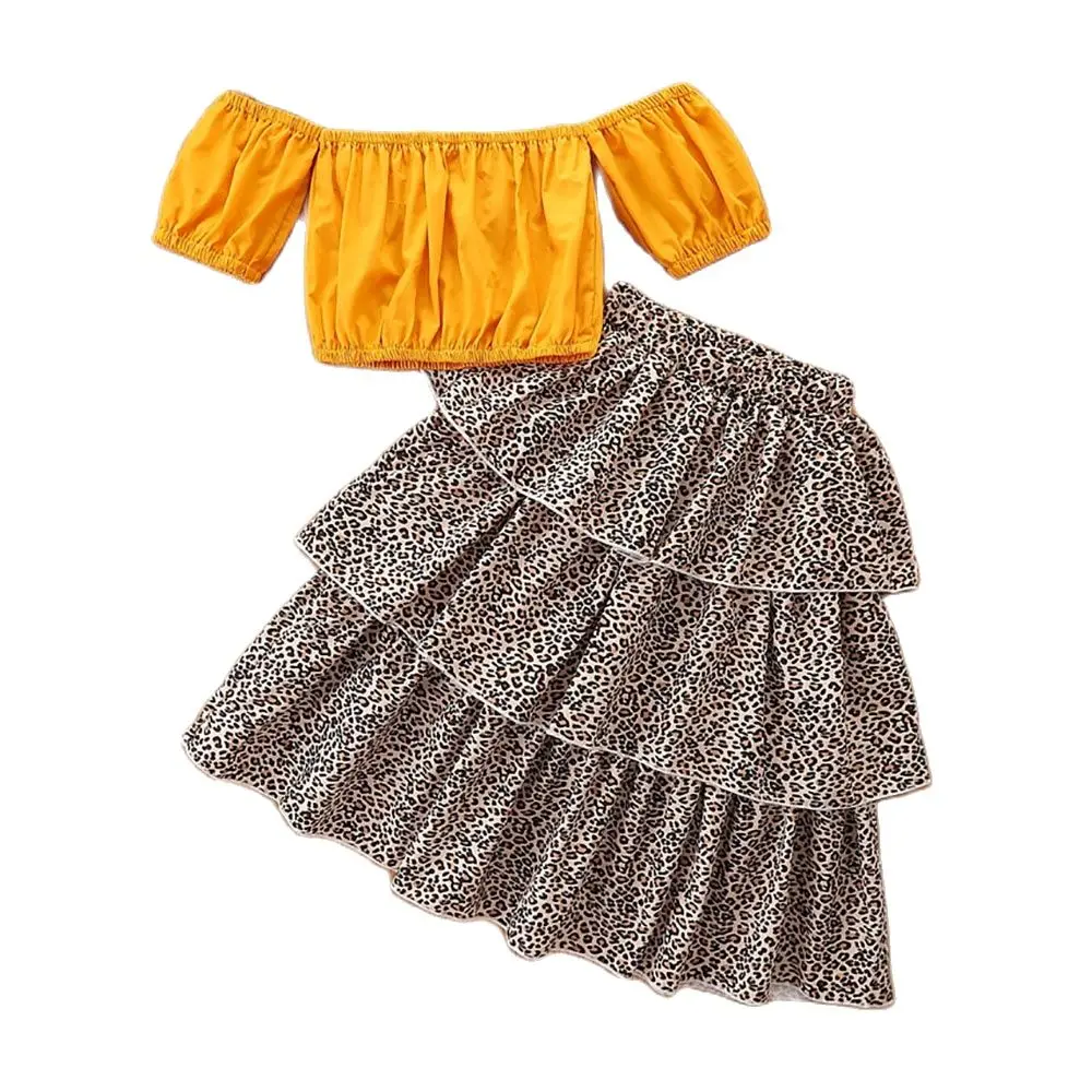 

Summer New Children's Clothing 2021 Fashion Hot Sale Girls One-Shoulder Top Leopard Print Cake Skirt Two-Piece Suit