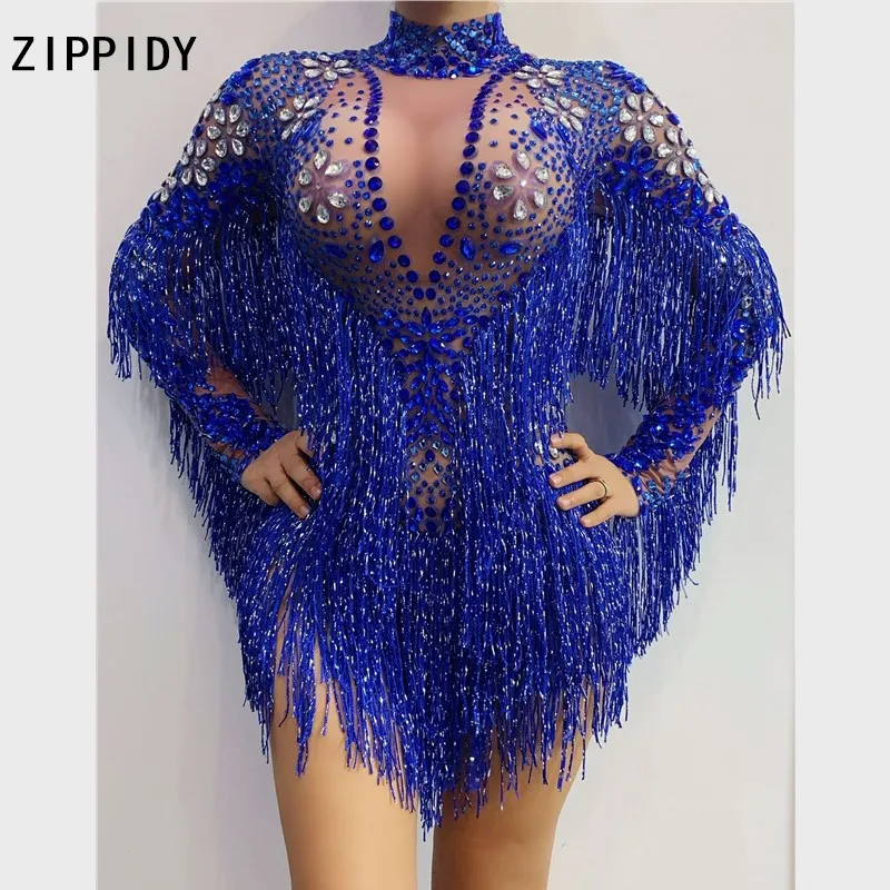 

Flashing Blue Silver Stones Fringe Transparent Bodysuit Birthday Celebrate Long Sleeves Bar Dance Singer Show Outfit