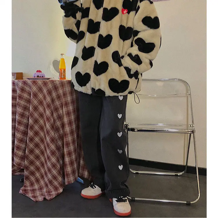 

The new spring and summer love female embroidery jeans han edition of tall waist trousers students show thin straight wide-legge