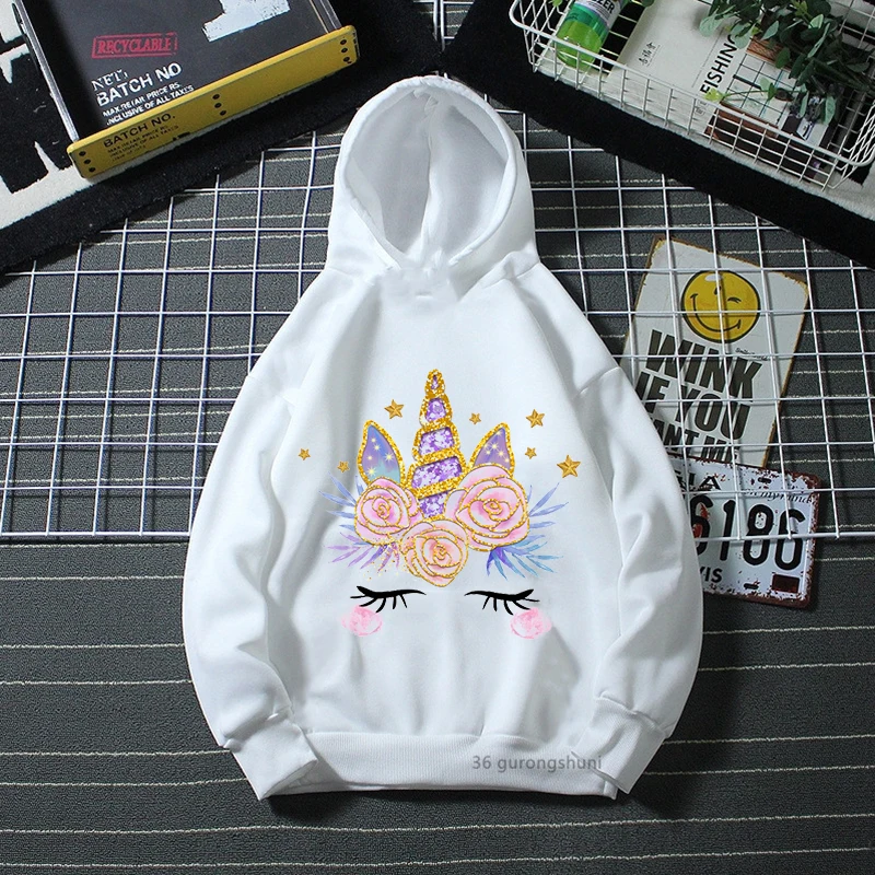 

Kawaii girls hoodies funny unicorn cartoon print kids winter plush sweatshirt Harajuku high quality girl white pink hoodies tops